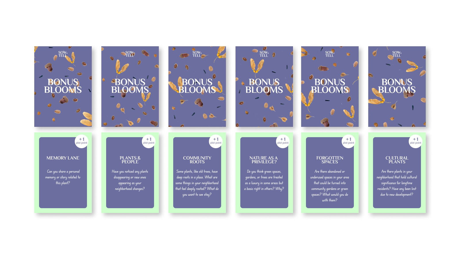 Sow and Tell Bonus Blooms cards and six action prompt cards: Memory Lane, Plants and People, Community Roots, Nature as a Privilege, Forgotten Spaces, Cultural Plants