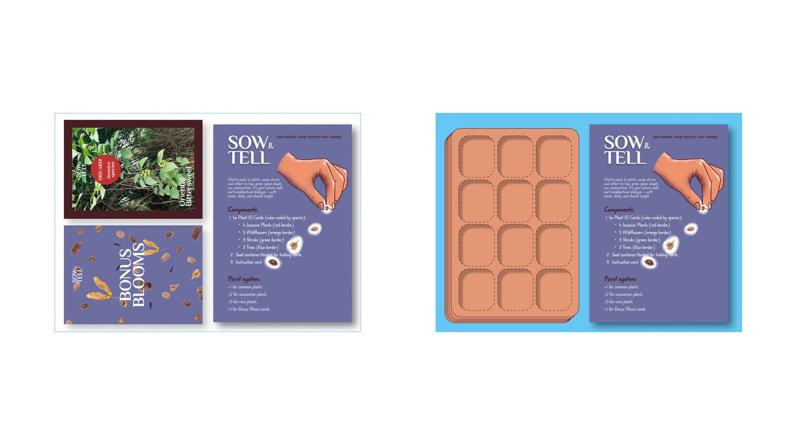 Sow and Tell components overview: plant ID card, Bonus Blooms card, instruction card showing components and point system, and the laser-cut seed container design