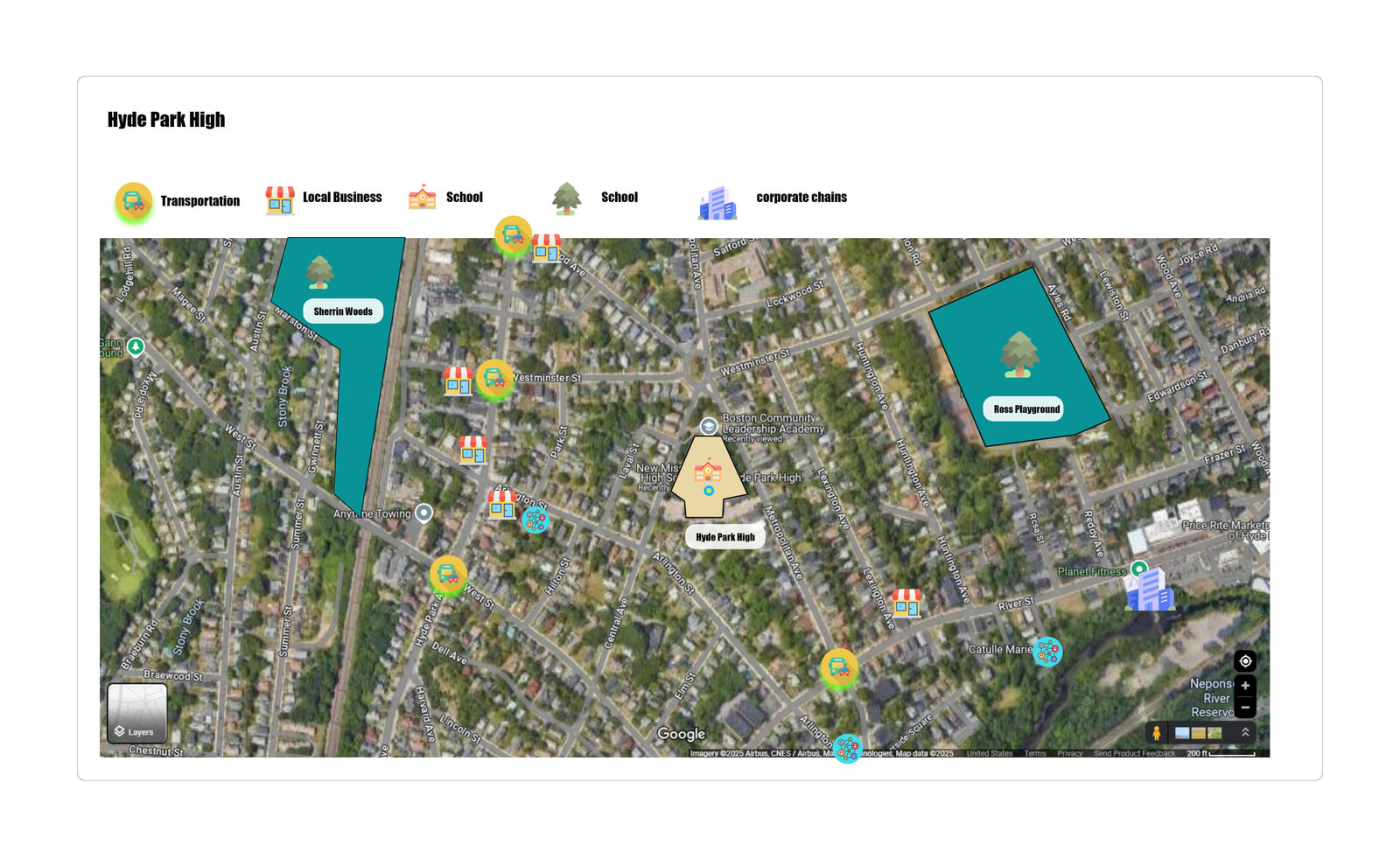 Initial framework: Hyde Park High neighborhood map with sticker overlays marking transportation, local businesses, schools, parks, and corporate chains
