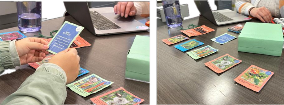 Sow and Tell card gameplay at a table: participants play plant ID cards and action prompt cards during a pilot session