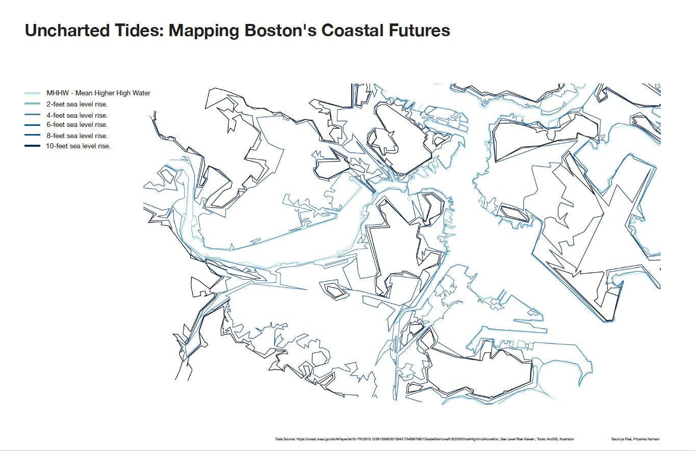 Composite ArcGIS map of Boston Harbor showing five sea level rise contours stacked in shades of blue from light to dark