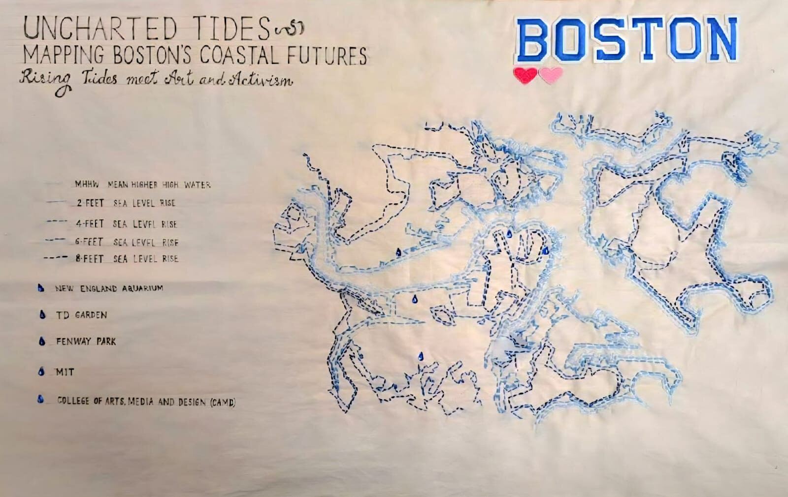 The complete embroidered map of Boston with title, legend, sea level rise contours, and landmark markers