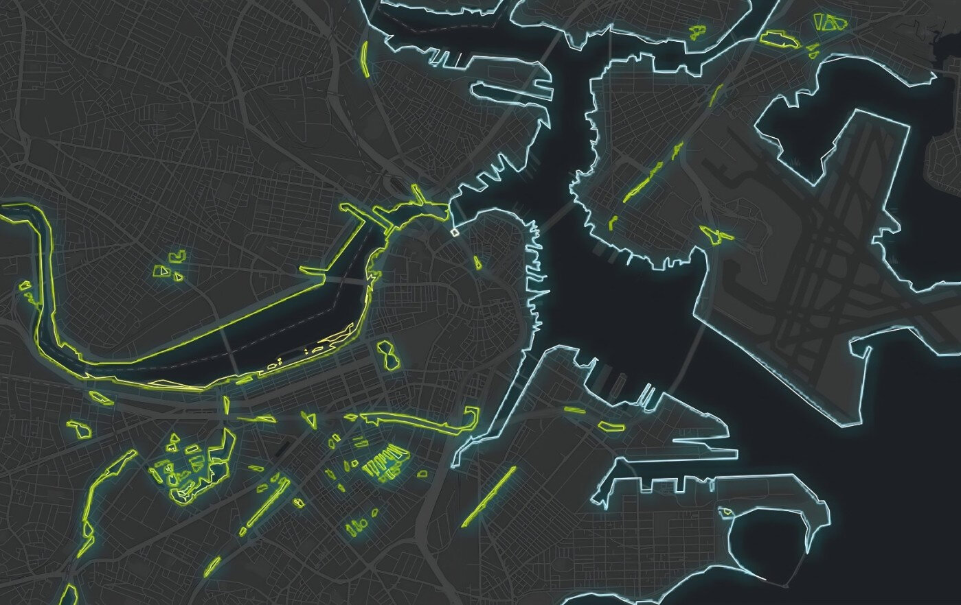Dark version of the Boston coastline prototype showing 1-foot sea level rise with neon green and cyan strokes