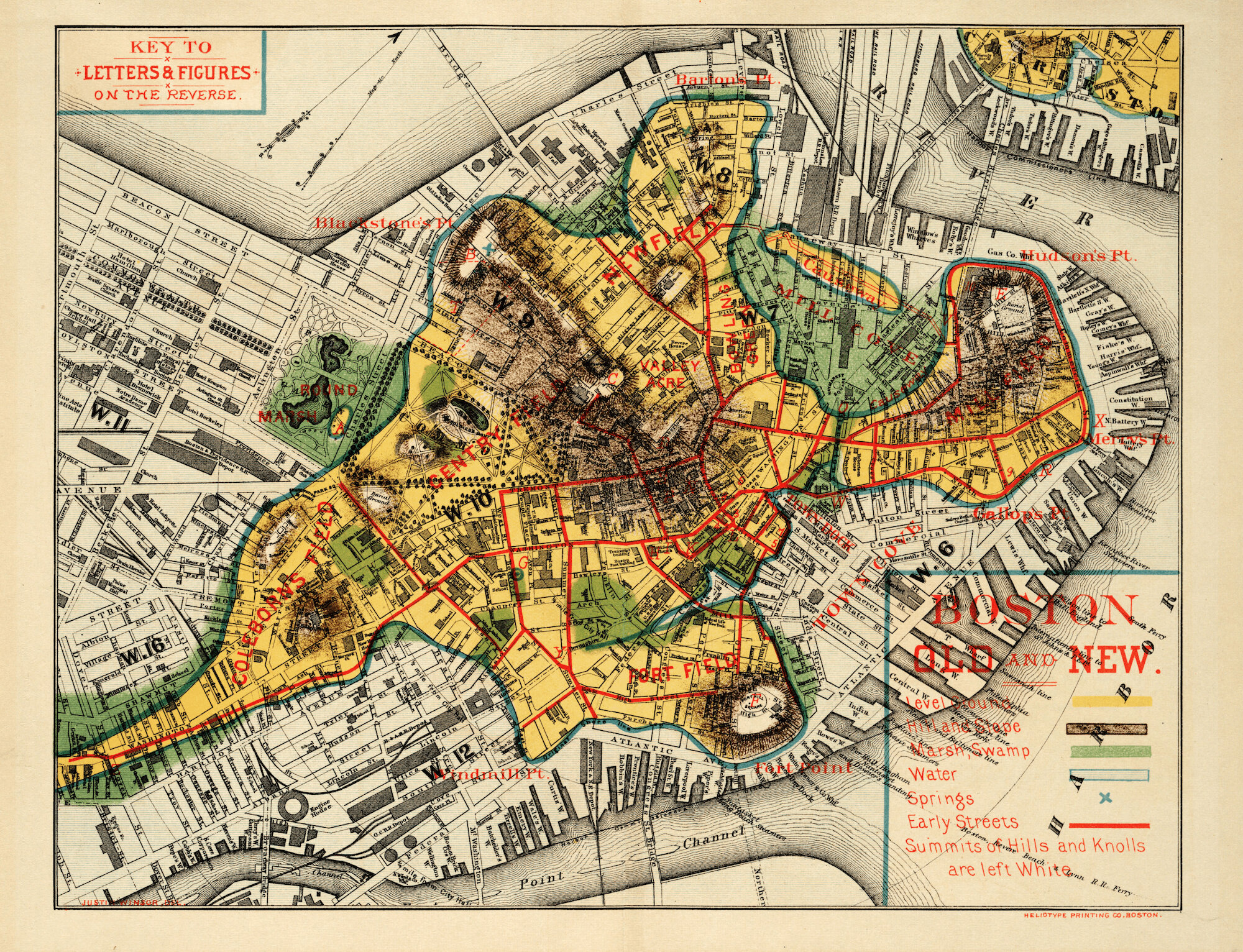 Justin Winsor's 1880 map overlaying the original Shawmut peninsula on the modern Boston street grid
