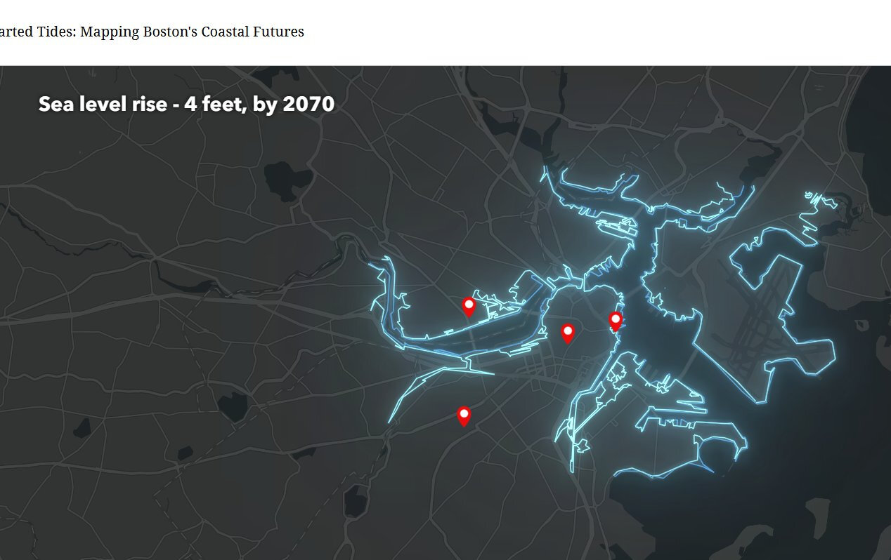 ArcGIS StoryMap detail showing Boston with 4 feet of sea level rise projected by 2070, with neon contour lines and location pins on a dark map