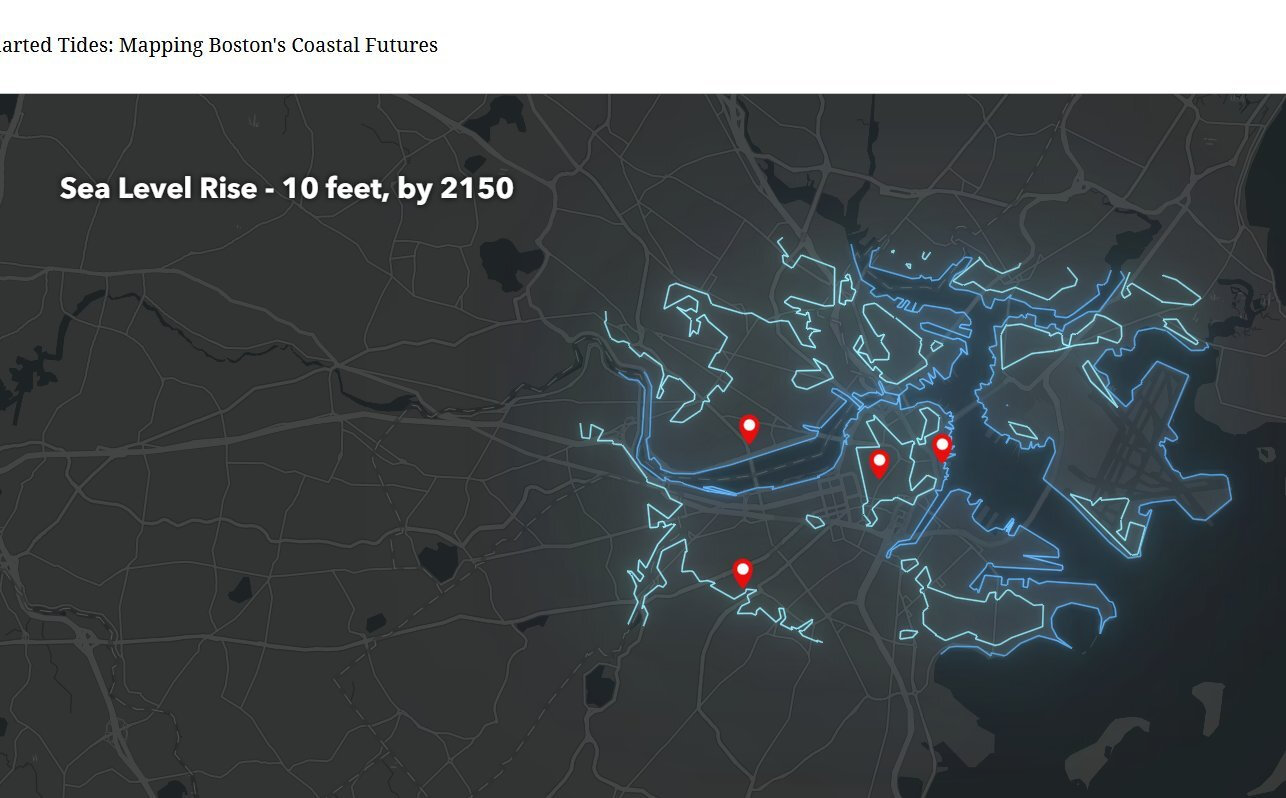 ArcGIS StoryMap detail showing Boston with 10 feet of sea level rise projected by 2150, with neon contour lines and location pins on a dark map