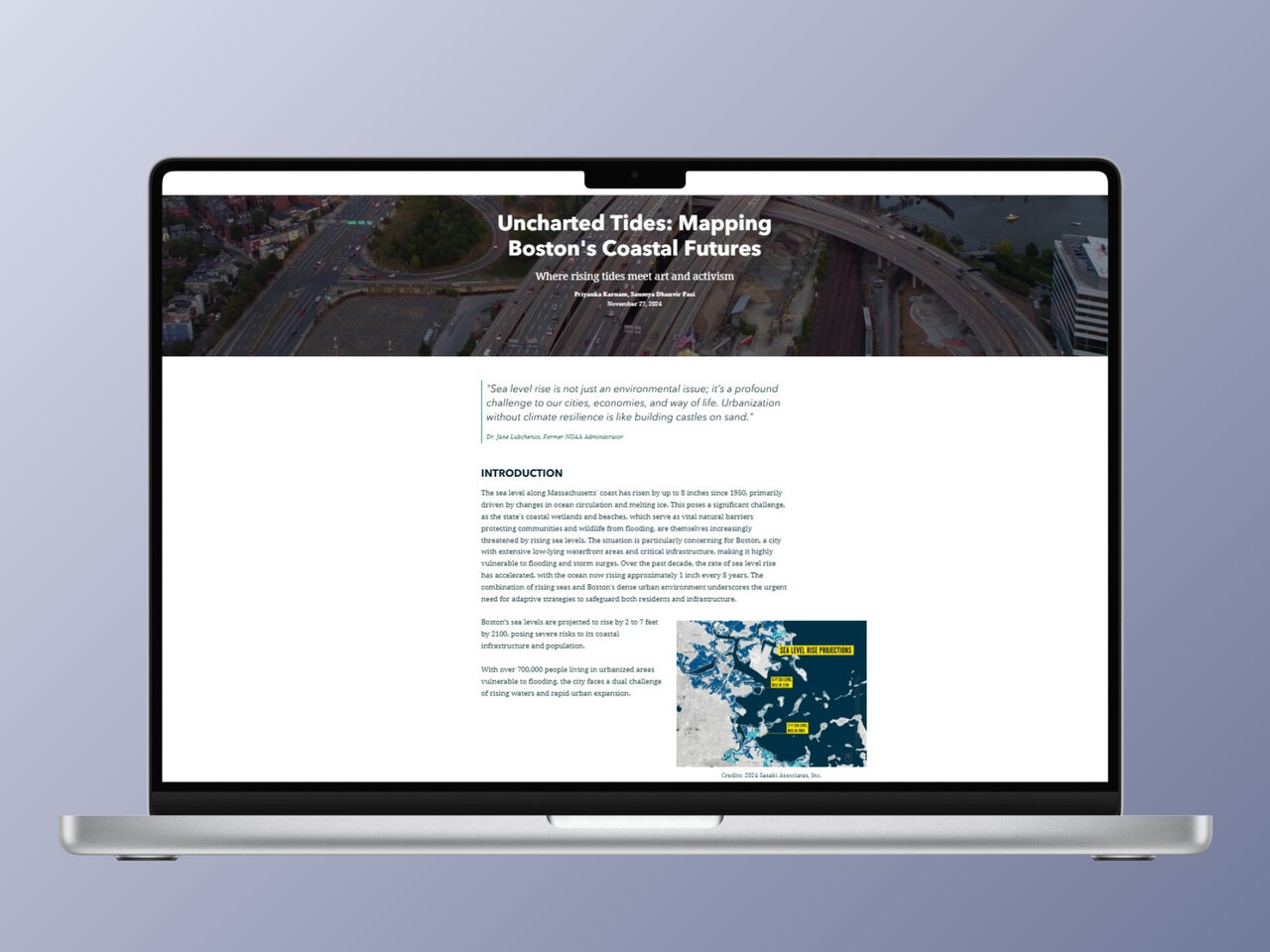 Title panel of the Uncharted Tides ArcGIS StoryMap showing an aerial highway view and project title