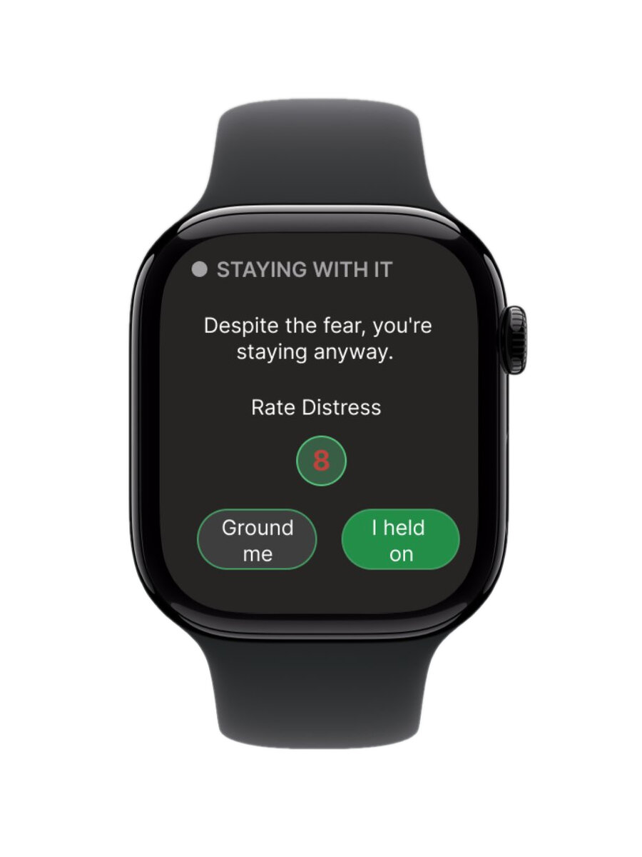 Apple Watch mockup of the Willingness + Dial screen: Staying With It, Despite the fear you're staying anyway, Rate Distress dial, Ground me and I held on buttons