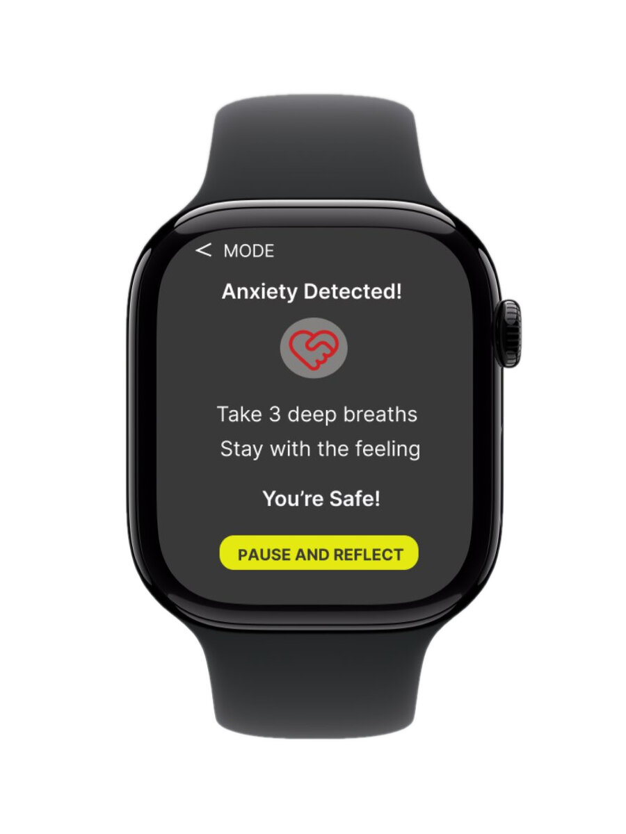 Apple Watch mockup of the Exposure Mode screen: Anxiety Detected, Take 3 deep breaths, Stay with the feeling, You're Safe, Pause and Reflect