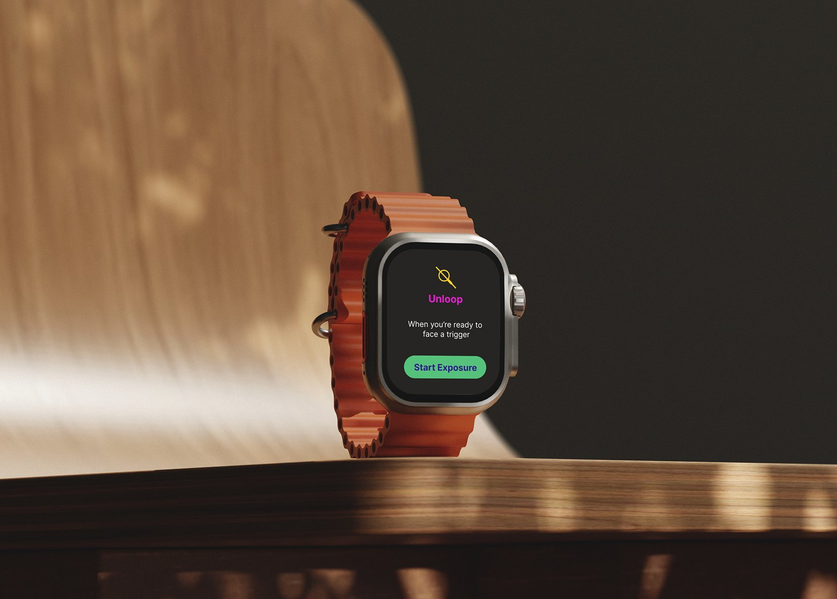 Unloop shown on an Apple Watch with an orange band resting on a wooden surface, displaying the Start Exposure home screen
