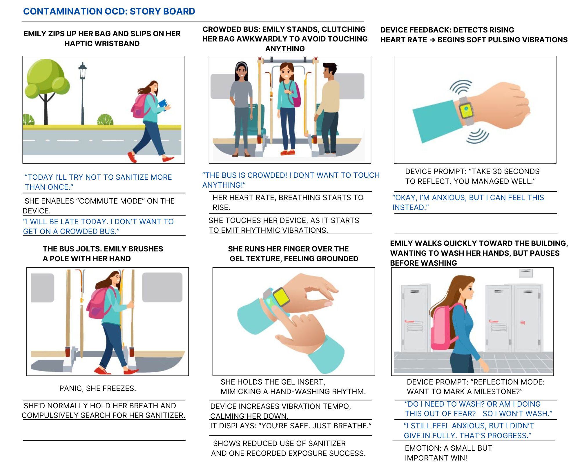 Storyboard following Emily through a commute: boarding a crowded bus, brushing a pole, feeling the urge to wash, and pausing before washing